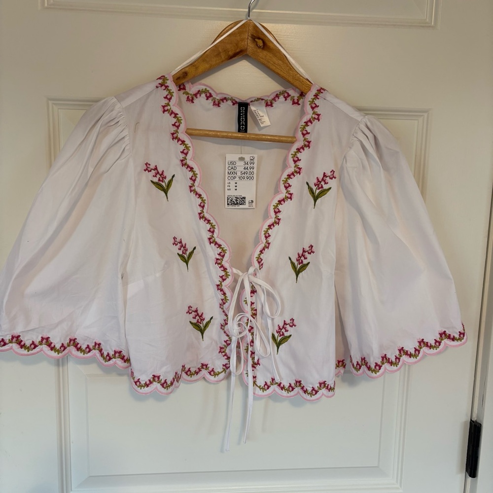H&M NWT White Floral Embroidered Poplin Blouse Medium - Picture 5 of 8
